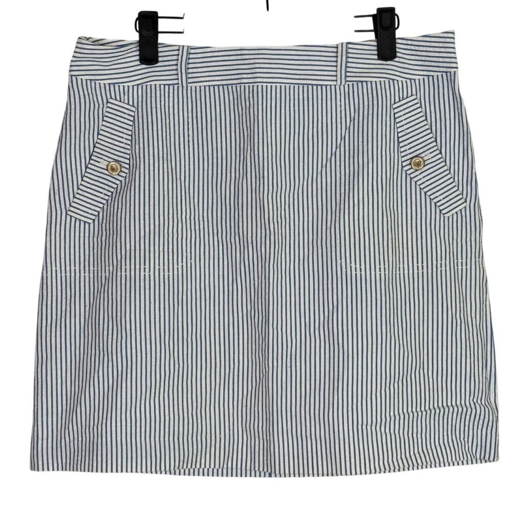J. McLaughlin Nautical Seersucker Stripe Mini Skirt Pockets 10 Blue White #3469